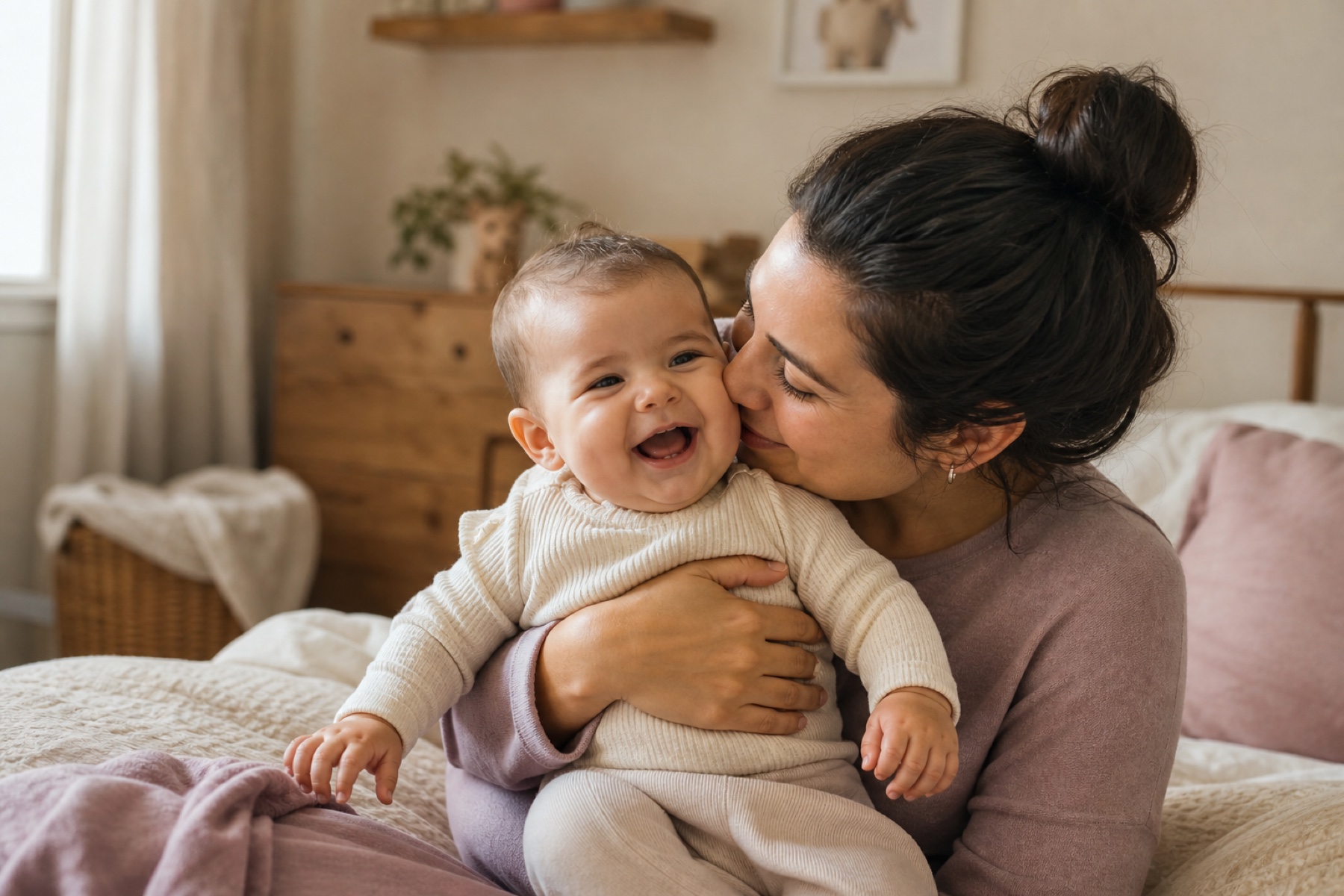 An AI-generated parent holding a smiling baby