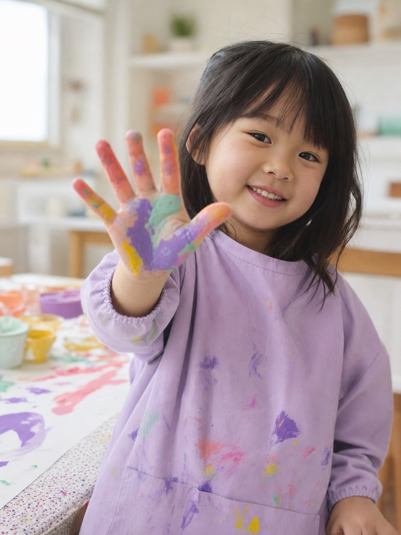 An AI-generated child showing a painted hand