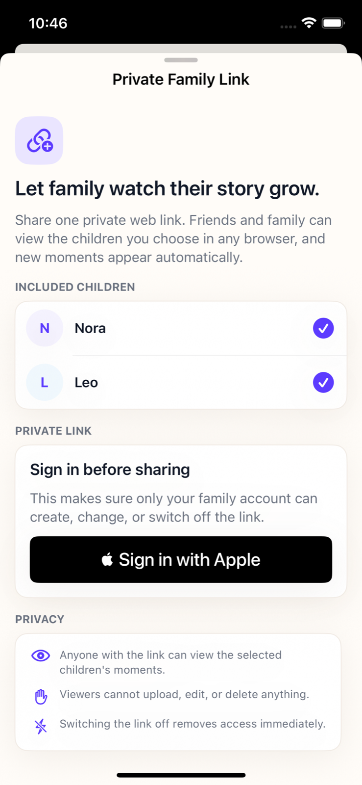 Bloom’s Private Family Link settings showing viewer-only sharing
